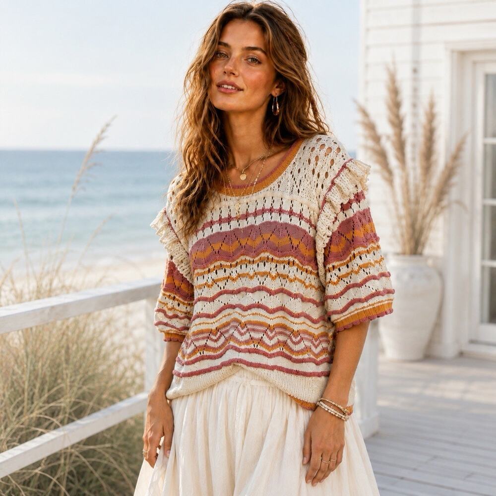 Another Love Women’s M Open Knit Sweater Top Boho Pink 100% Cotton Coastal